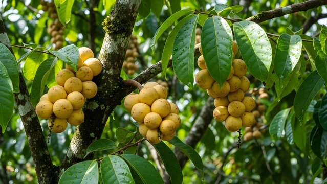 Lush Tropical Longkong (Duku) Trees with Abundant Golden Fruit Clusters Amidst Green Leaves in Natural Light
