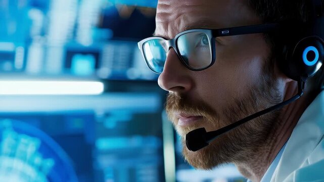 Focused Observer in Tech: A serious professional, wearing glasses and a headset, intently monitors data on a series of monitors, embodying dedication and technical proficiency.