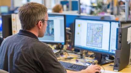 Caucasian male adult working at dual monitors in office environment.