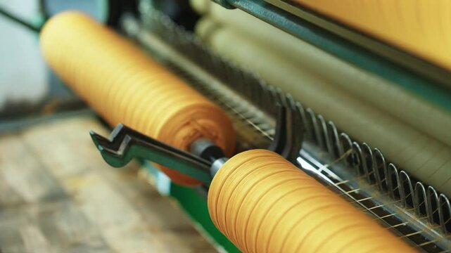 Close-up of yellow rollers and metal combs on textile machinery in operation