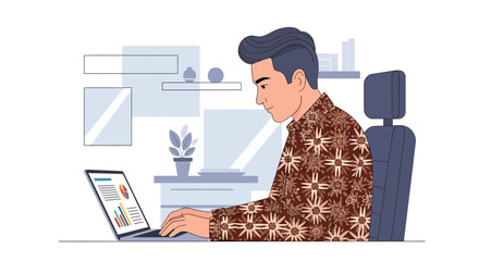 A man working on a laptop in a modern office environment from a side viewpoint