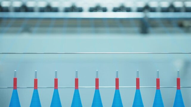 Blue conical yarn bobbins neatly arranged in a textile factory workshop