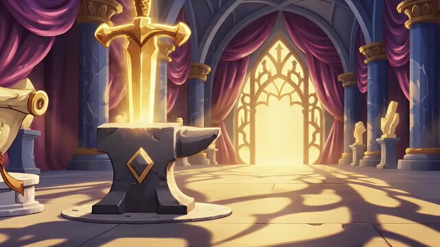 Magic chalice, crystal ball, scroll in fantasy temple chamber