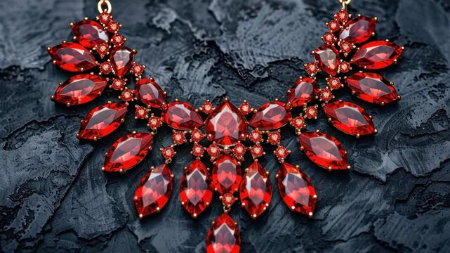 Crimson Elegance: A luxurious ruby necklace radiates brilliance against a textured backdrop, capturing the allure of opulence and refined beauty.