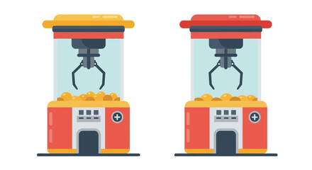 Two brightly colored capsule toy vending machines are displayed side by side featuring a claw game silhouette high quality professional detailed modern elegant stylish