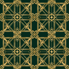 Art Deco Geometric Pattern Seamless Gold Lines on Dark Green Background.