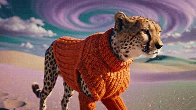 Cheetah in Orange Sweater Walking on Sand.