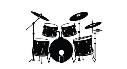 A striking black silhouette depicts a complete drum set including cymbals and bass drum in a minimalist style silhouette high quality professional
