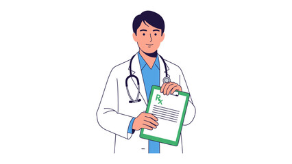 Fototapeta premium Professional Prescription: A caring doctor in a crisp white coat, stethoscope draped, offers a prescription in this straightforward illustration. Ideal for medical and healthcare-related visuals.
