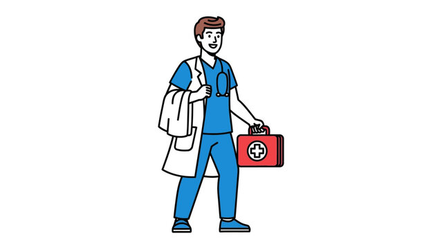 Health Savior in Action: An animated healthcare worker strides purposefully, clutching a medical kit, a symbol of hope and care for the community. Ready to aid with compassion and medical expertise.