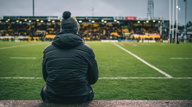A lone rugby fan watches the match from the touchline of the stadium, a lone fan at an evening game