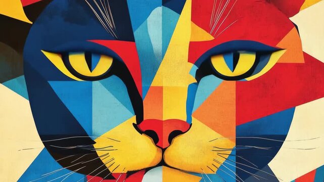 Vibrant geometric cat animation with colorful transforming patterns