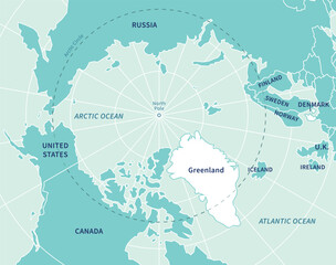 Greenland, North Pole, Arctic Ocean. Political map with the countries around the Arctic Circle 66 degrees. US, Canada, Sweden, Norway, Finland, Denmark, Iceland, Ireland, UK, Russia. Vector © Albina