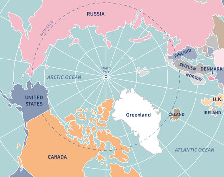North Pole with countries around the Arctic Circle. Political Multicolour Map. White Greenland, light blue Ocean. United States, Canada, Russia, Finland, Norway, Sweden, Denmark, Iceland, UK, Ireland 