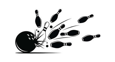 A dynamic illustration depicts bowling pins scattering after a strike presented as a striking silhouette high quality professional detailed modern elegant stylish