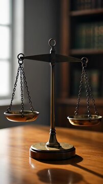 Golden brass scales of justice standing on a wooden table inside a blurred law library, symbolizing legal balance and court equality.