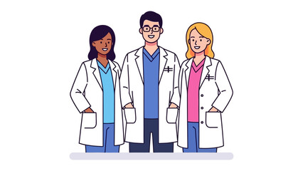 Fototapeta premium Medical Team: A professional team of medical doctors and healthcare professionals standing in a clean, modern style, poised to provide care.