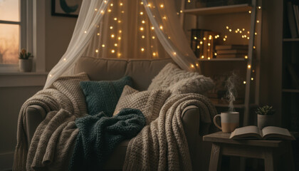 Cozy home setting with warm knitted blankets and pillows on sofa surrounded by soft lighting creating peaceful rituals for relaxation