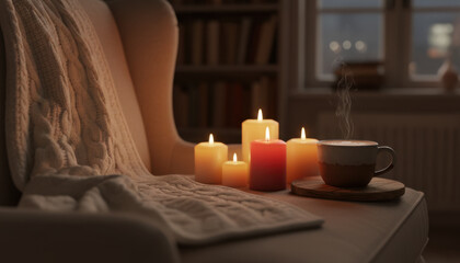 Cozy home setting with warm candlelight and steaming cup creating peaceful rituals for relaxation and comfort in quiet room