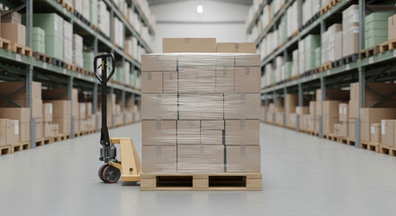 Pallet jack moving stack of boxes in warehouse aisle with shelving