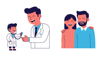 Health and Family : A cartoon illustration depicting a doctor interacting with a child while a happy family stands together, capturing themes of health, care, and family bonding. © Tahura
