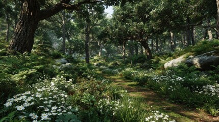 Fototapeta premium Enchanted Forest Path Lush Greenery With Daisy Flowers Sunlight Dappled Through Trees