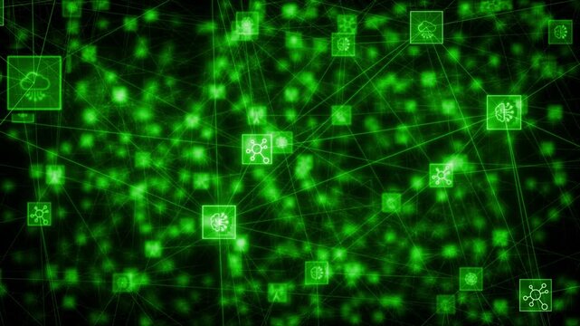 Green color glowing nodes connected by lines digital document and cloud storage futuristic design black technology 3D background