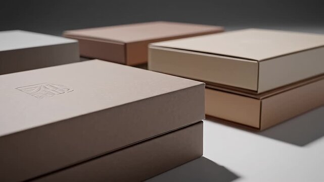 Minimalist packaging boxes in various neutral colors on studio background