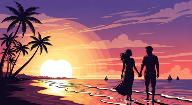 Couple holding hands walking on beach at sunset with palm trees and sailboats in distance