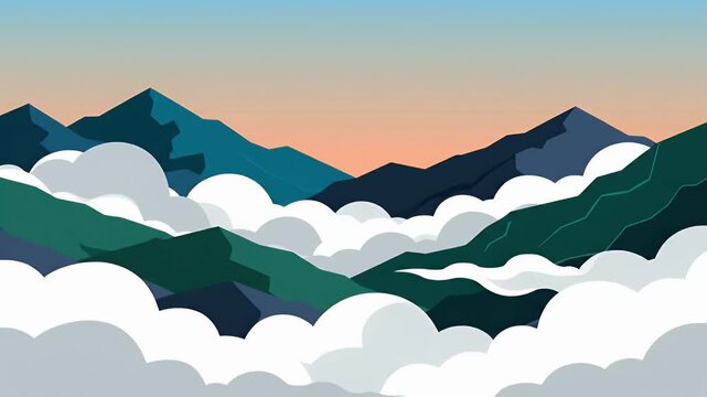 Minimalist vector landscape of mountains above clouds at sunrise
