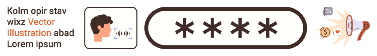 Obraz premium Cybersecurity, identity authentication, digital privacy, voice recognition, online access, secure communication. Man speaking with password input and security icons. Cybersecurity and identity