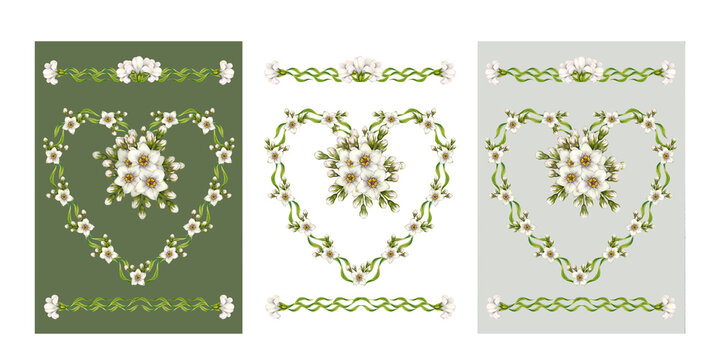 Floral heart templates with white flowers, green leaves. Elegant set of watercolor designs for wedding, birthday, Valentine's, Mother's Day, greeting cards, greeting cards, summer and spring decor