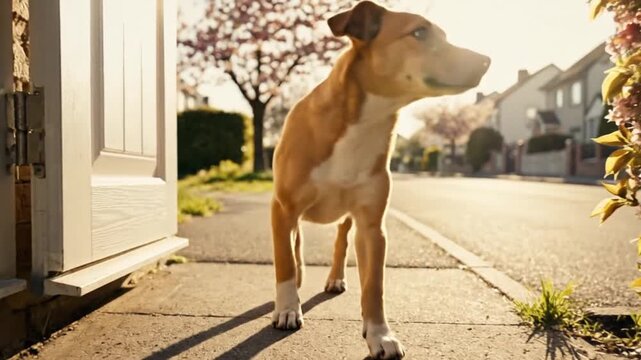 Mixed breed dog running on suburban sidewalk in spring, blooming cherry trees, golden hour sunlight, cinematic 4K footage, shallow depth of field, joyful energy, outdoor activity, pet adventure