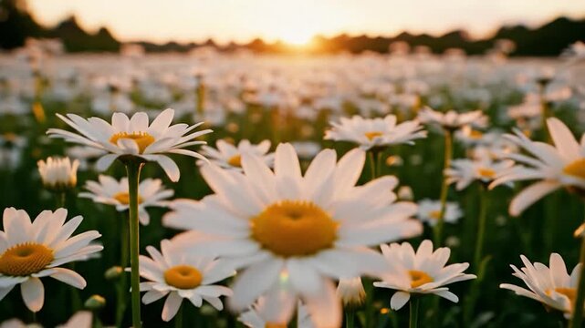 Sunlit field of daisies glows at dawn, with soft focus