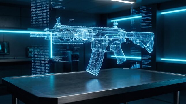 Futuristic tactical rifle schematic with glowing blue lines, digital code background, advanced weapon technology concept, 8k detailed rendering.