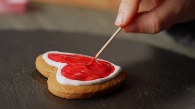 Female hand uses a toothpick to adjust red icing on heart shaped gingerbread cookies. Close up handmade craft baking for Valentines Day gifts love romance and relationships