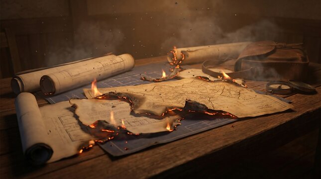 Burning maps and blueprints scattered on a wooden table, dramatic fire and smoke, conceptual illustration of lost plans, warm lighting, detailed texture, AI generated.