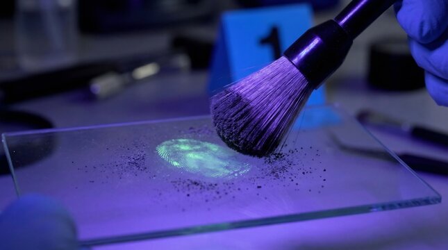 Close-up of a fingerprint dusted with powder on a glass surface, forensic investigation, ultraviolet lighting, evidence analysis, detailed texture and focus