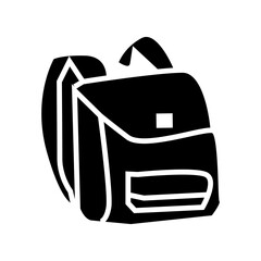 Black backpack icon with clean solid design. School bag or travel backpack symbol isolated on white background, ideal for education, travel apps, outdoor activities, and user interface elements.