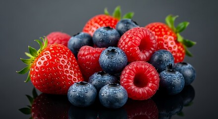 Obraz premium Close-up of mixed berries, featuring strawberries, raspberries, and blueberries with water droplets