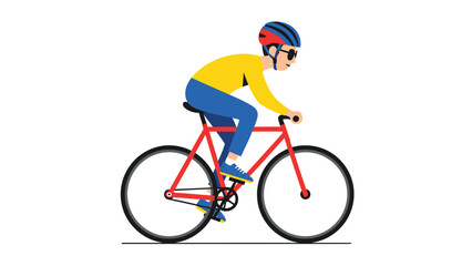 Naklejka premium Cartoon cyclist riding a red bicycle with helmet and sunglasses
