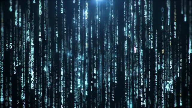Abstract digital rain of glowing blue binary code streams down constantly

