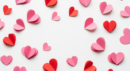 Decorative arrangement of crimson and rose paper hearts scattered on a pristine white background, symbolizing love and affection