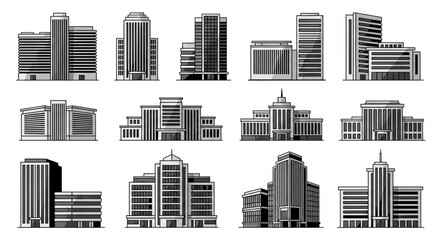 Fototapeta premium Set of modern city buildings and skyscrapers in black and white.