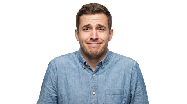 Young man with slightly uncomfortable uncertain expression showing doubt or awkwardness while wearing a blue denim shirt on transparent background