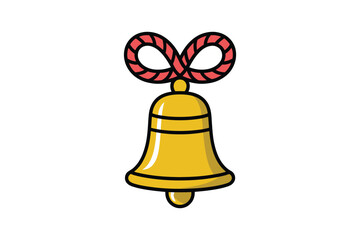 Cartoon illustration of yellow bell with red rope handle on white