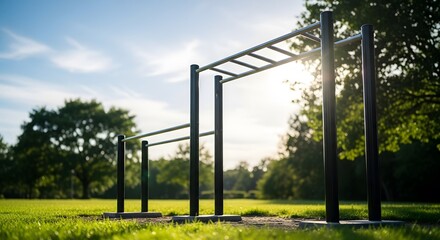 Fototapeta premium Empty outdoor gym equipment in a sunny park at sunrise.