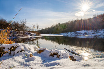 Fototapeta premium winter landscape with lake and mountains,