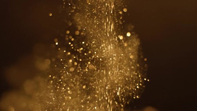 Golden particles cascade downwards, catching light amidst soft bokeh
