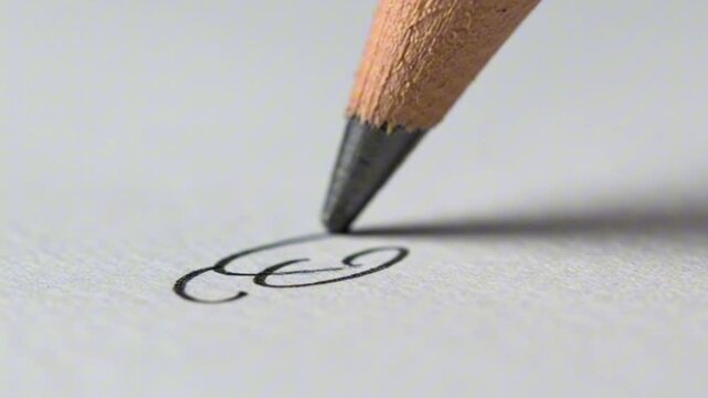 A pencil tip drawing a lowercase letter e on white paper